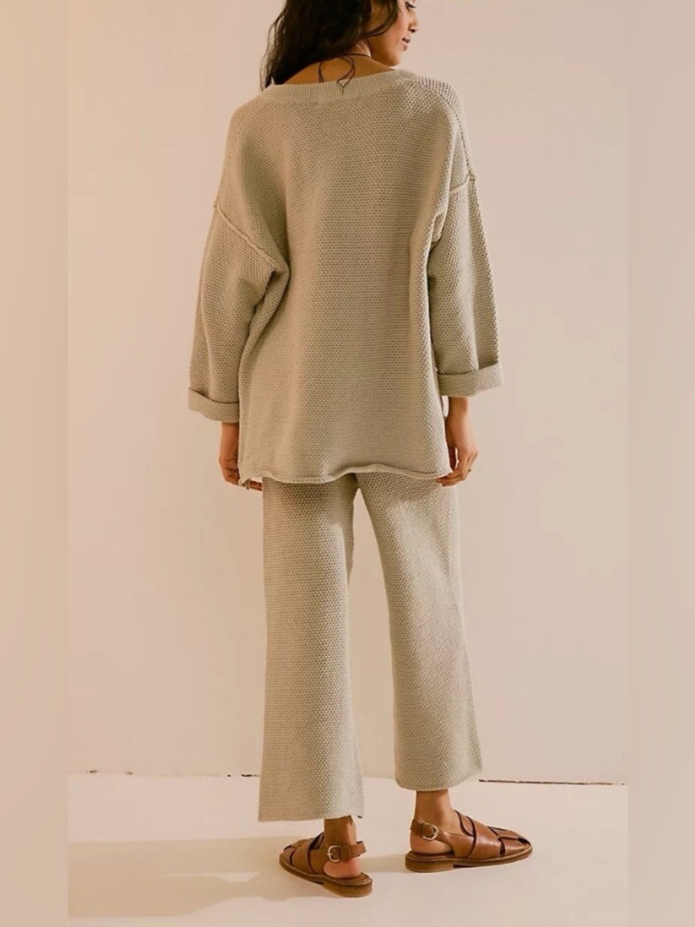Free People Hailee Knit Cream Tan Waffle Knit Henley Sweater Set M - Picture 2 of 16